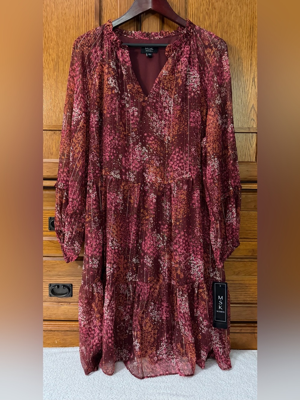 NWT MSK Chiffon Metallic Striped Floral Tiered Ruffle Peasant Romantic Dress